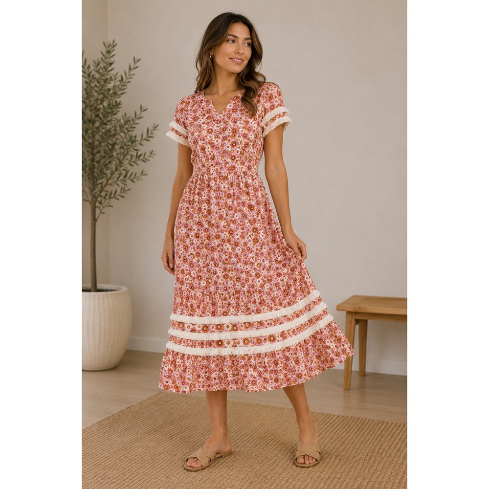 Piper & Scoot Exclusive Cottagecore‎ Floral Smocked Dress Fringe XL PSD3518C